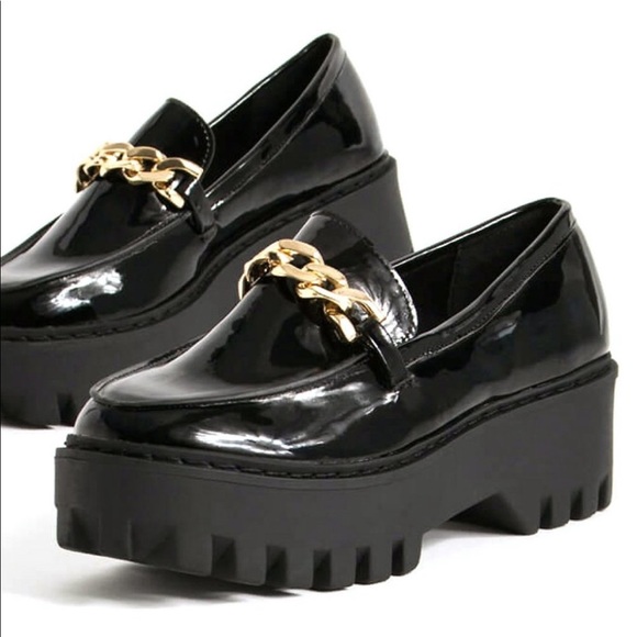 Black Patent Gold Chain Platform Penny Loafers - Picture 3 of 11